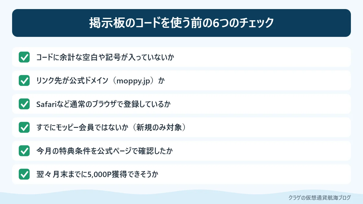 モッピー招待コード掲示板のコードを使う前に確認したい6つのポイントのチェックリスト