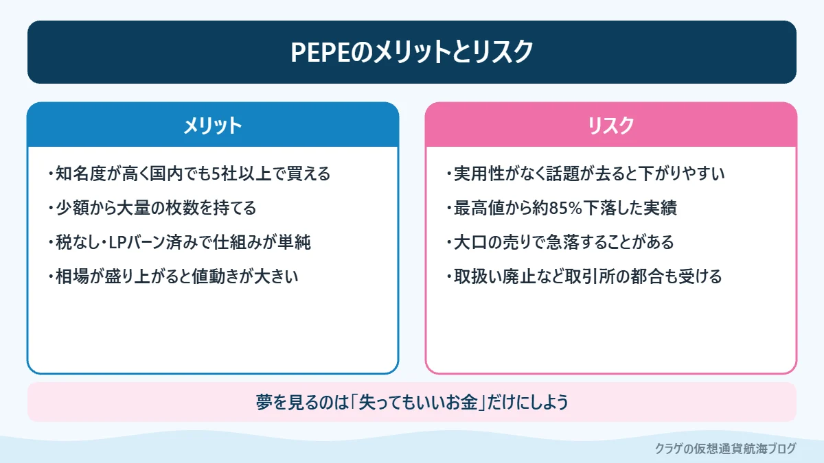 PEPEに投資するメリットとリスクを左右に並べて比べた図
